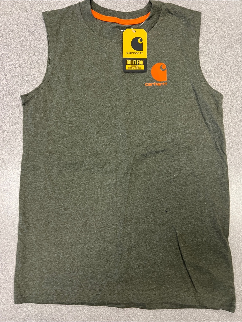 Carhartt Kids Olive Green Sleeveless Tank with Orange Logo